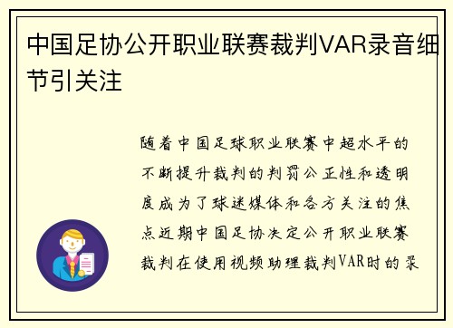 中国足协公开职业联赛裁判VAR录音细节引关注